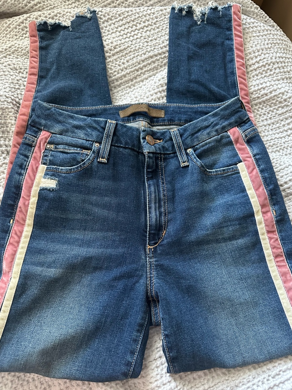 Joe's Jeans High-Rise Blue Denim with Pink & Cream Side Stripes